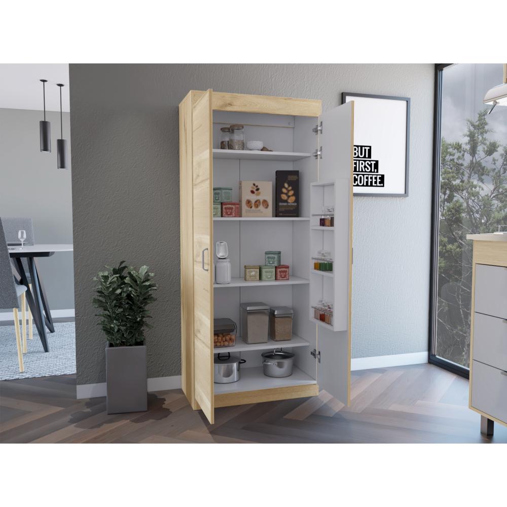 Despensa de Cocina Varese, Café claro y Blanco Vainilla, Posee Un Estante Adicional En La Puerta y Cuatro Entrepaños