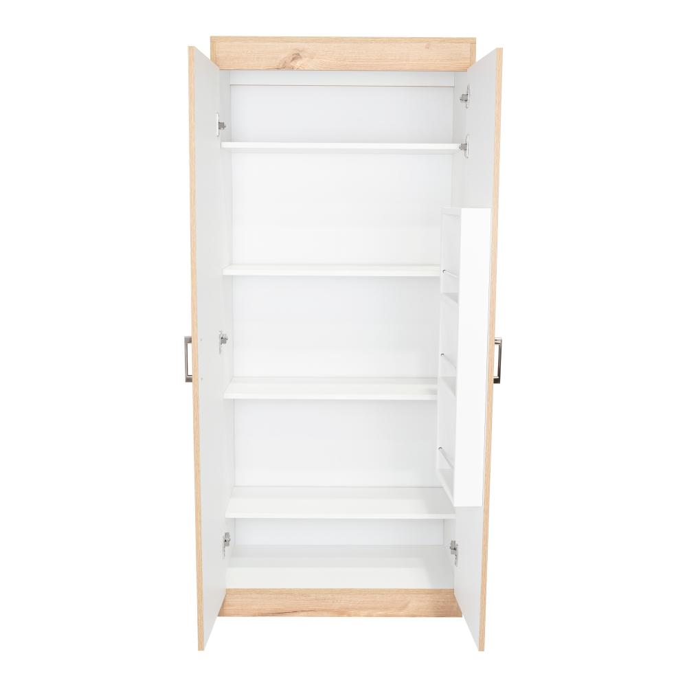 Despensa de Cocina Varese, Café claro y Blanco Vainilla, Posee Un Estante Adicional En La Puerta y Cuatro Entrepaños