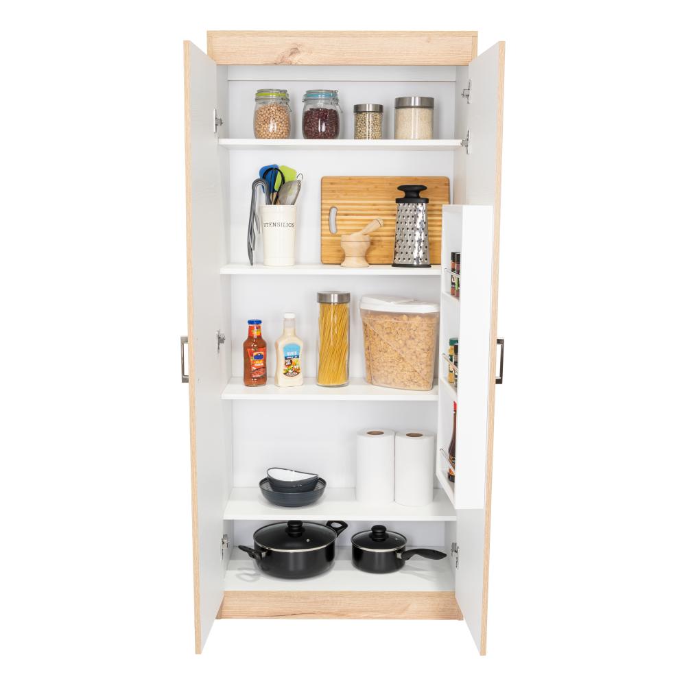 Despensa de Cocina Varese, Café claro y Blanco Vainilla, Posee Un Estante Adicional En La Puerta y Cuatro Entrepaños
