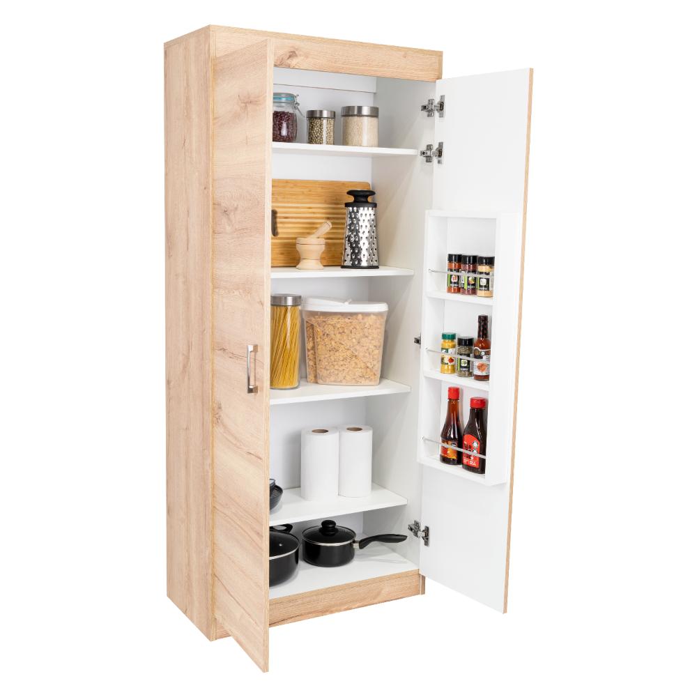 Despensa de Cocina Varese, Café claro y Blanco Vainilla, Posee Un Estante Adicional En La Puerta y Cuatro Entrepaños