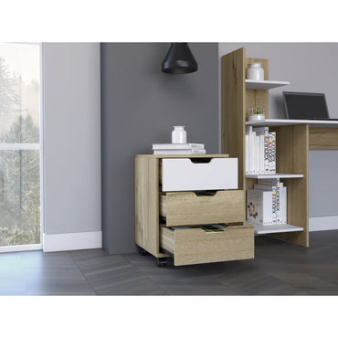 Cajonera Office, Duna y Blanco, con tres cajones deslizables y ruedas