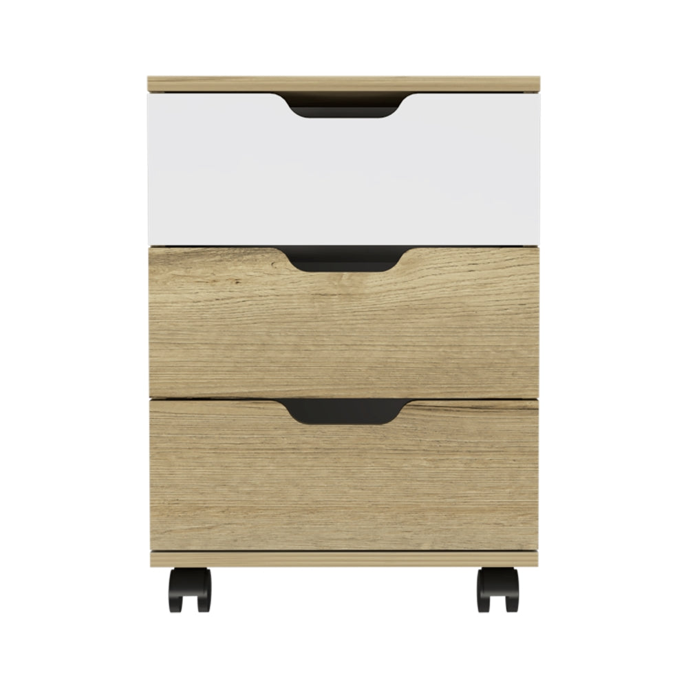 Cajonera Office, Duna y Blanco, con tres cajones deslizables y ruedas