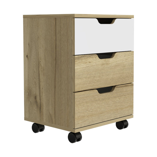 Cajonera Office, Duna y Blanco, con tres cajones deslizables y ruedas