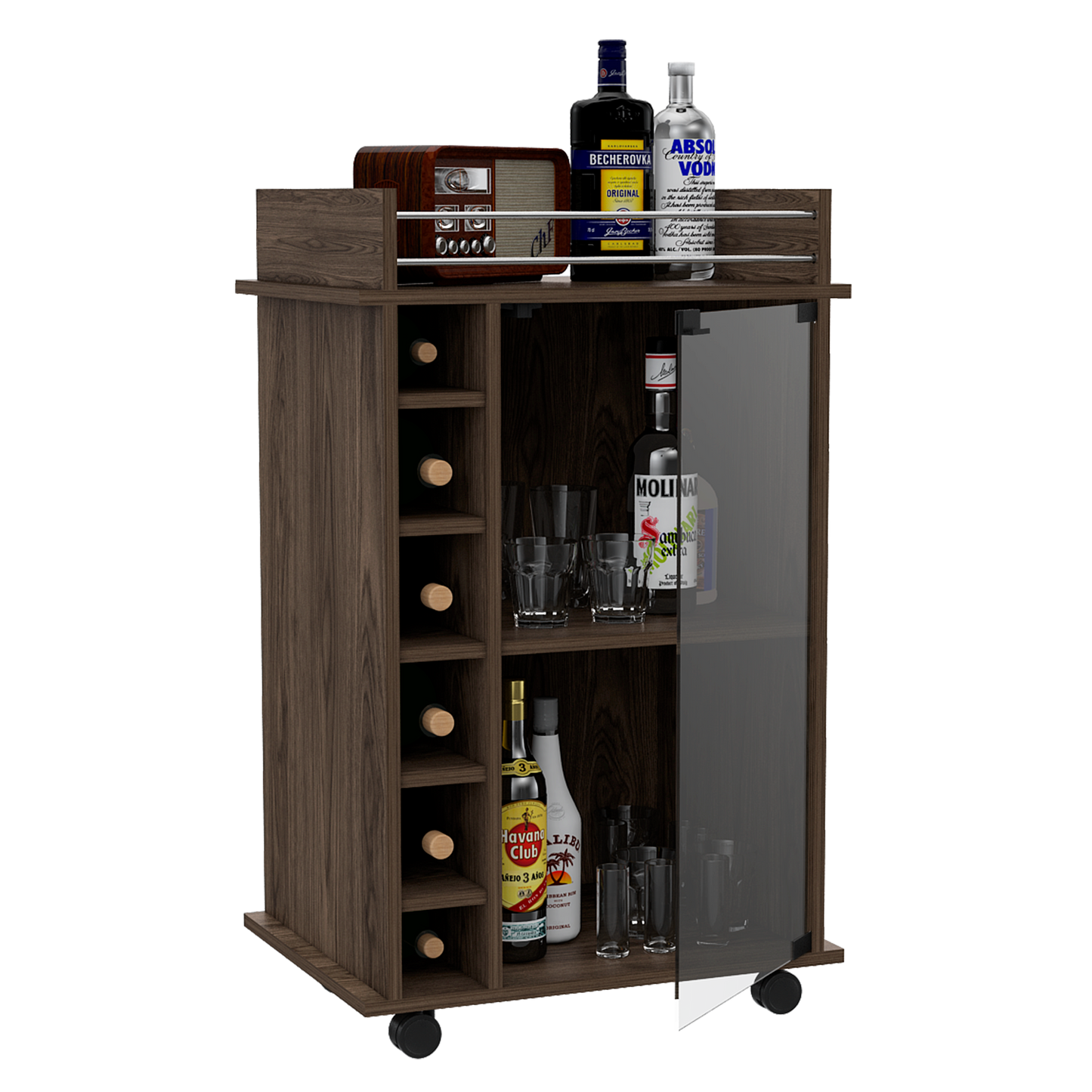 Bar Bajo Seis Botelleros Una Puerta De Vidrio, FM Furniture 009O, Cafe Oscuro
