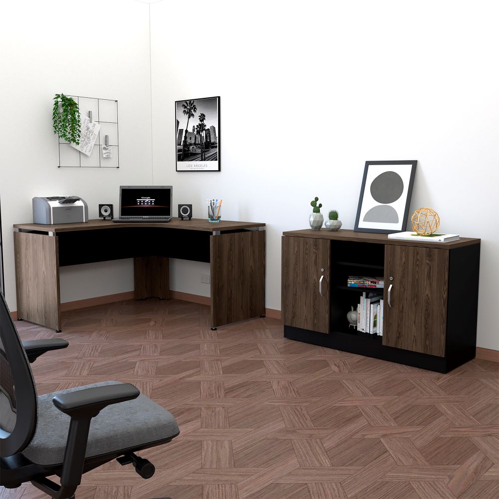 Combo Office, Negro Soft y Coñac, incluye escritorio 140 y gabinete con dos puertas