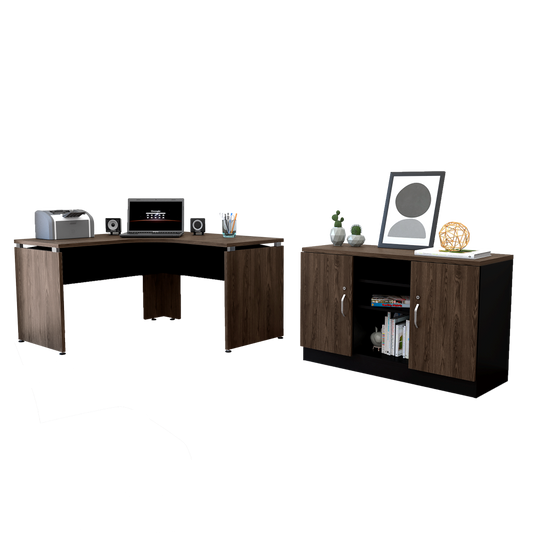 Combo Office, Negro Soft y Coñac, incluye escritorio 140 y gabinete con dos puertas
