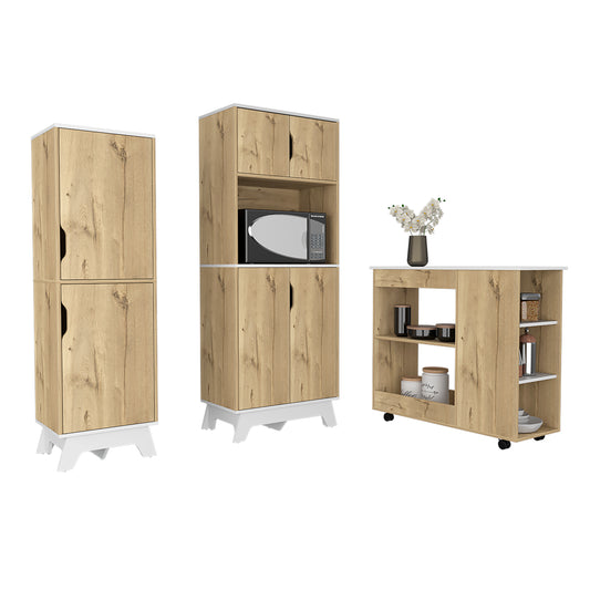 Combo Bicolor, Duna y Blanco, incluye mueble de microondas bajo y meson de cocina con ruedas
