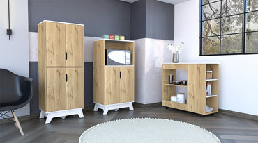 Combo Bicolor, Duna y Blanco, incluye meson de cocina con ruedas y mueble de microondas bajo