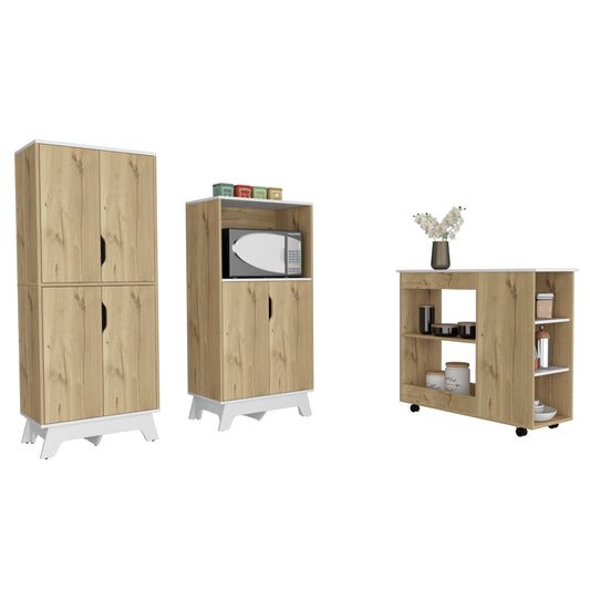 Combo Bicolor, Duna y Blanco, incluye meson de cocina con ruedas y mueble de microondas bajo