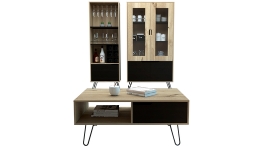 Combo Audra, Duna y Wengue, incluye bar alto, vitrina y mesa centro