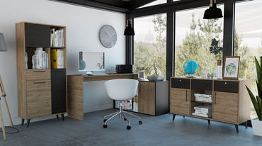 Combo Bilbao, Miel y Wengue, incluye escritorio 1L, biblioteca y armario