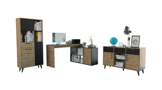 Combo Bilbao, Miel y Wengue, incluye escritorio 1L, biblioteca y armario