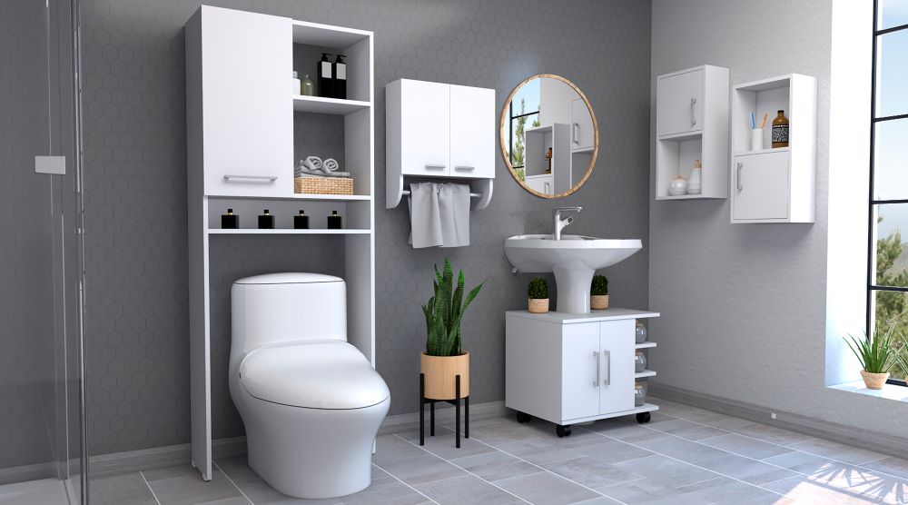 Combo Bicolor, Blanco, incluye botiquin bath 28, optimizador, mueble lavamanos y auxiliar