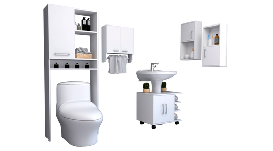 Combo Bicolor, Blanco, incluye botiquin bath 28, optimizador, mueble lavamanos y auxiliar
