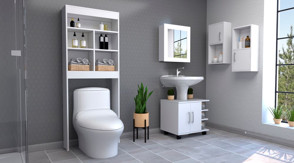 Combo Bicolor, Blanco, incluye botiquin bath 47-b, optimizador, mueble lavamanos y auxiliar