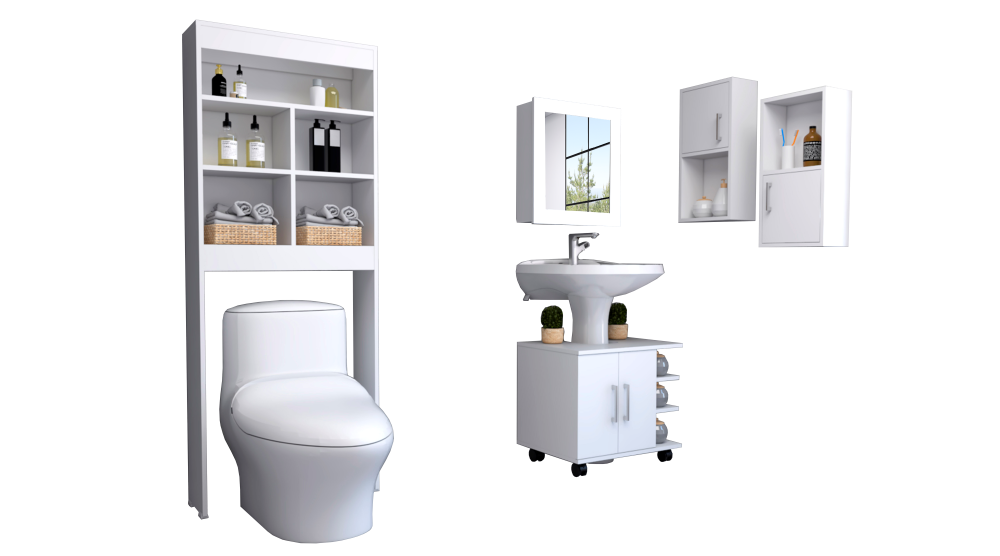 Combo Bicolor, Blanco, incluye botiquin bath 47-b, optimizador, mueble lavamanos y auxiliar
