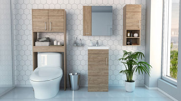 Combo Mybath, Miel y Wengue, incluye botiquín, mueble lavamanos, muro y optimizador