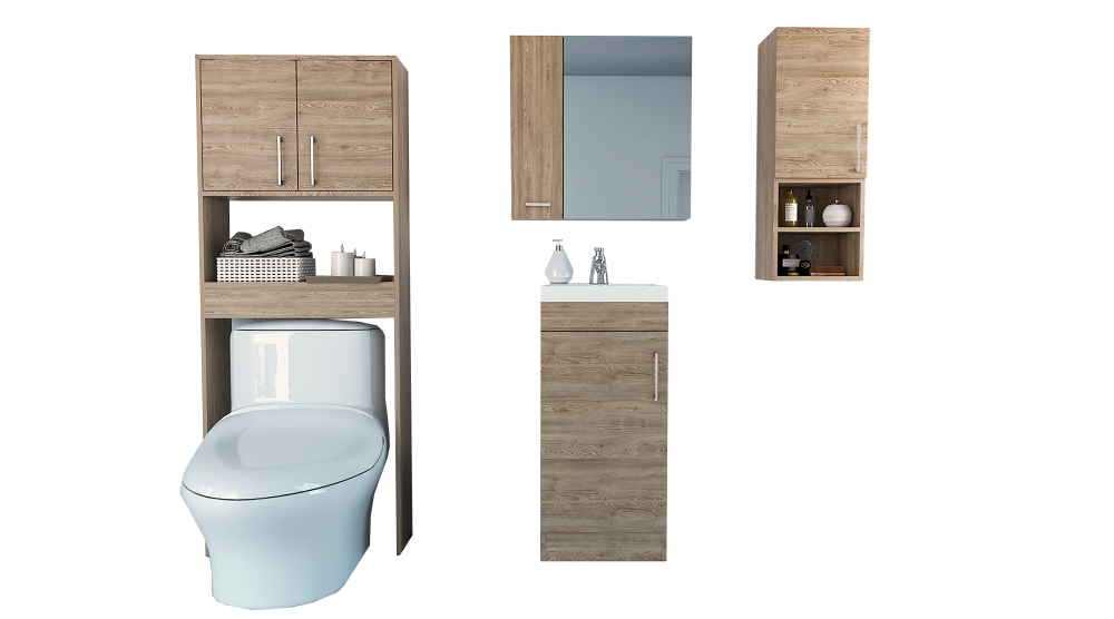 Combo Mybath, Miel y Wengue, incluye botiquín, mueble lavamanos, muro y optimizador