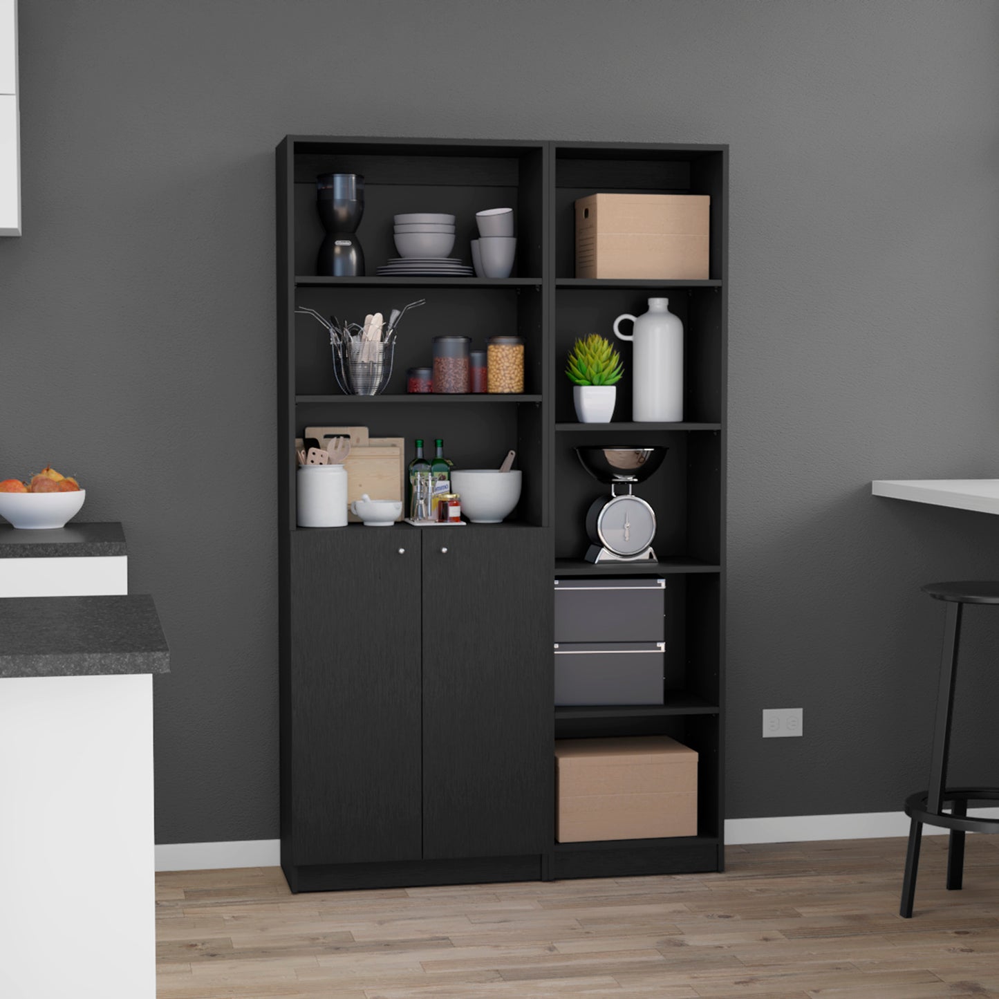 Combo Home, Estante Colección 6, Wengue, con un estante de dos puertas