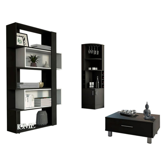 Combo Beijing, Wengue, incluye mesa de centro, bar esquinero y biblioteca cubo