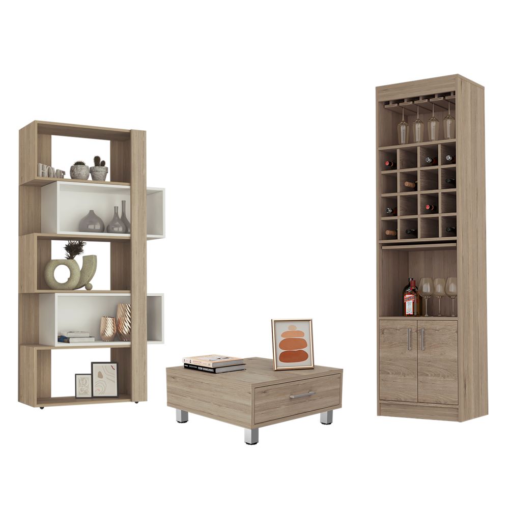 Combo Beijing, Rovere, incluye mesa de centro, bar y biblioteca cubo