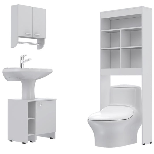 Combo Bicolor, Blanco, incluye botiquín, mueble lavamanos y optimizador