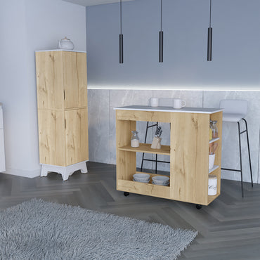 Combo Bicolor, Duna y Blanco, incluye meson de cocinacon ruedas y alacena de cocina