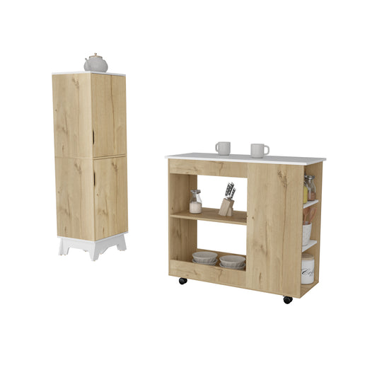Combo Bicolor, Duna y Blanco, incluye meson de cocinacon ruedas y alacena de cocina