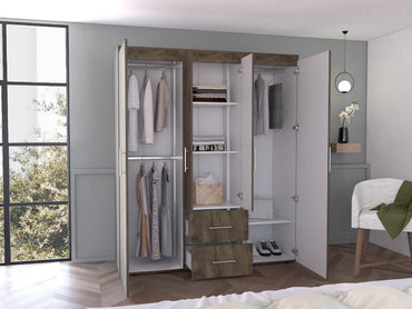 Closet Bariloche Bombay Eco, Nogal y Blanco, con Variedad de Entrepaños y Cuatro Puertas Abatibles