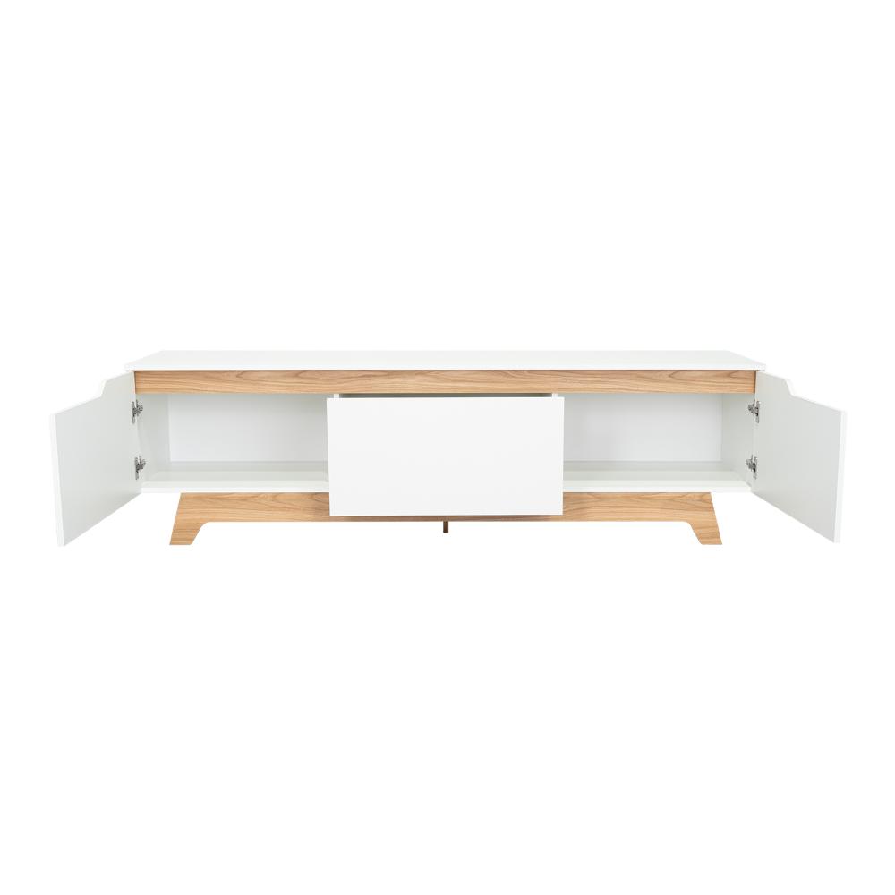 Rack Tv 80" Woodall Dos Puertas Un Cajon, Color Blanco Y Fresno