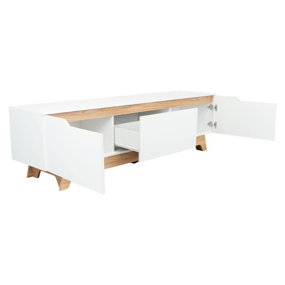 Rack Tv 80" Woodall Dos Puertas Un Cajon, Color Blanco Y Fresno