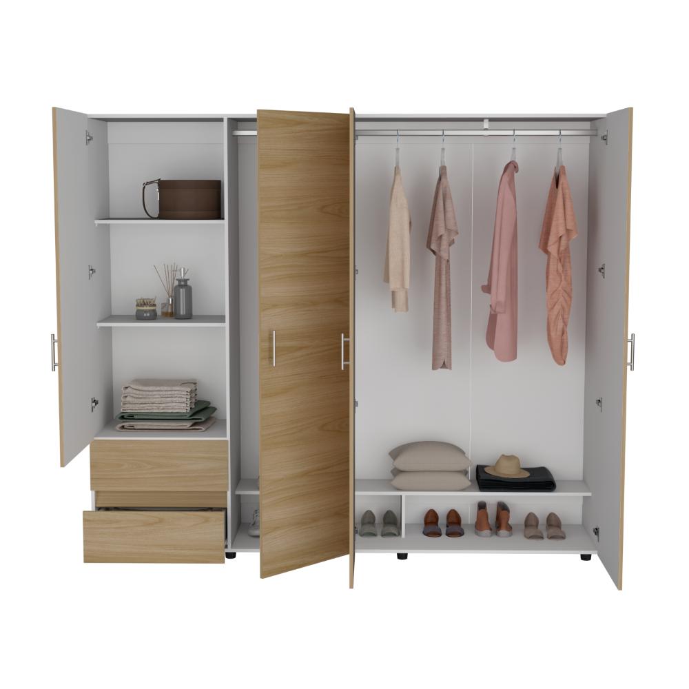 Closet Light 230, Blanco Duqueza y Fresno Europeo, con dos cajones y cuatro puertas