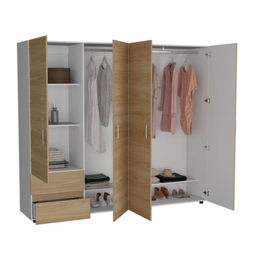 Closet Light 230, Blanco Duqueza y Fresno Europeo, con dos cajones y cuatro puertas