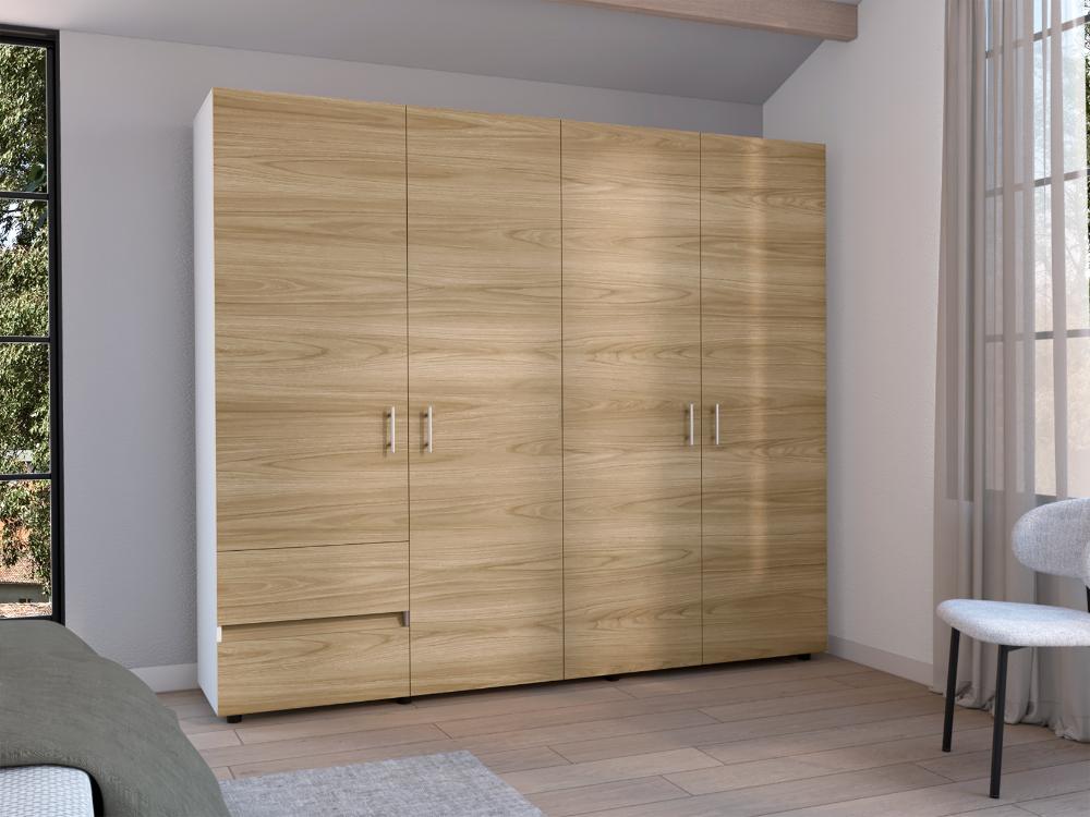 Closet Light 230, Blanco Duqueza y Fresno Europeo, con dos cajones y cuatro puertas