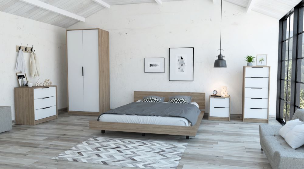 Combo Kaia, Miel y Blanco, incluye base cama, closet con dos puertas, cómodas y un velador