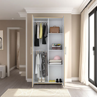 Closet Tera, Duna y Blanco Vainilla, Dos Puertas Abatibles y Dos Tubos Cromados