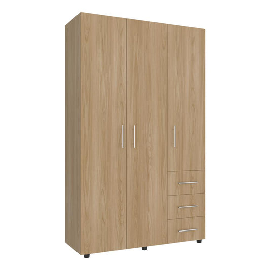 Closet Alen, Fresno Europeo Y Blanco Duqueza, Con tres puertas abatibles, tres cajones y dos tubos cromados
