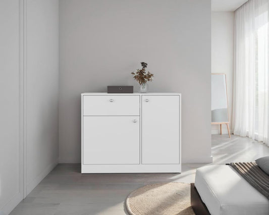 Cómoda Praga, Blanco Duqueza, con deslizadores en U para una facil movilidad