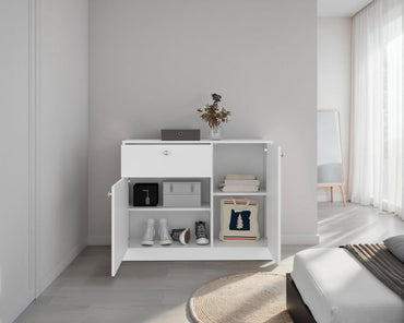 Cómoda Praga, Blanco Duqueza, con deslizadores en U para una facil movilidad