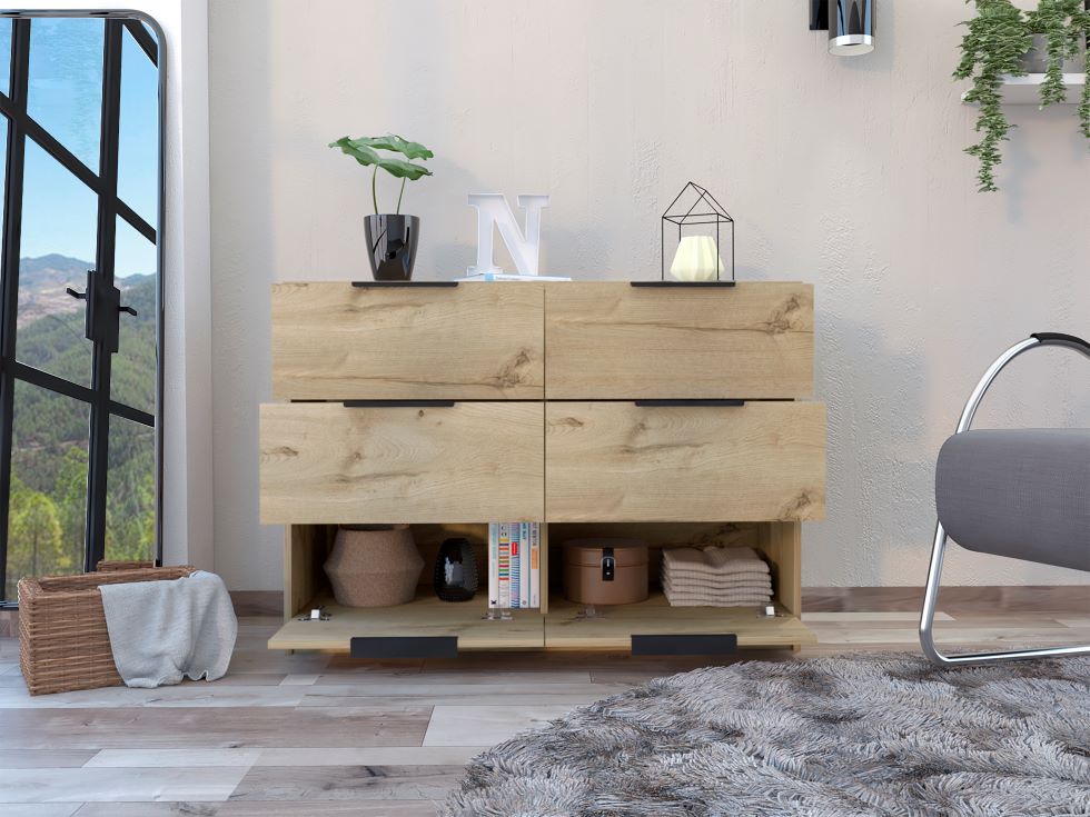 Comoda Cuatro Cajones Dos Puertas Abatibles, FM Furniture 021C, Café Claro