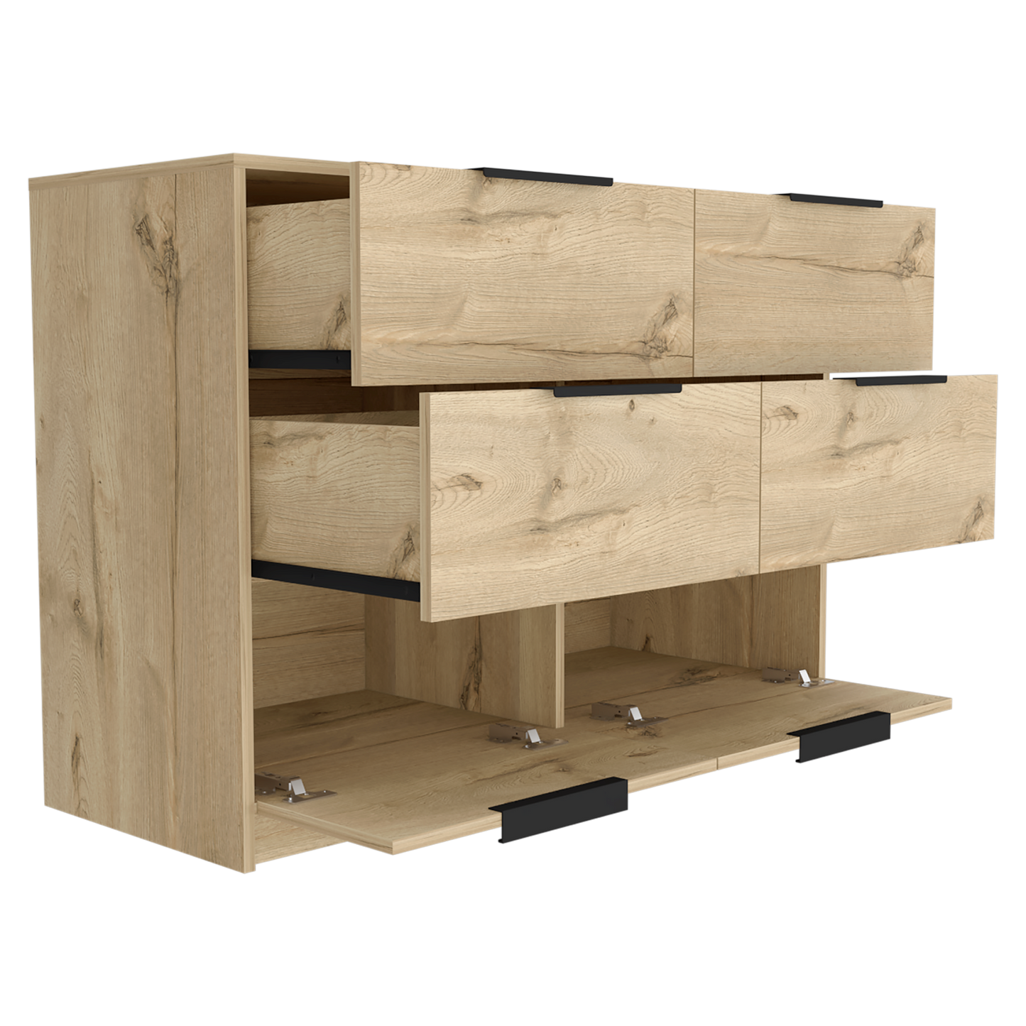 Comoda Cuatro Cajones Dos Puertas Abatibles, FM Furniture 021C, Café Claro