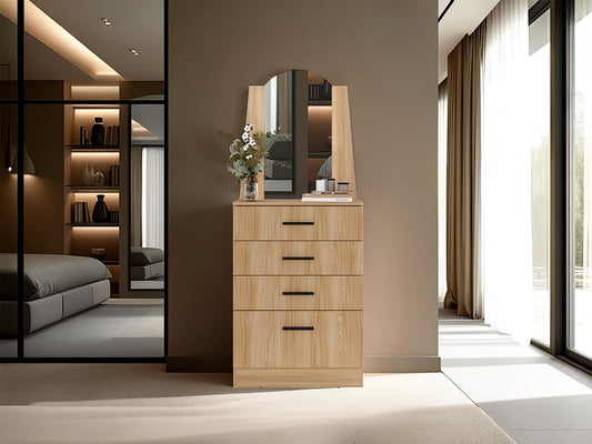 Comoda Con Espejo Tres Cajones Una Puerta, Café Claro