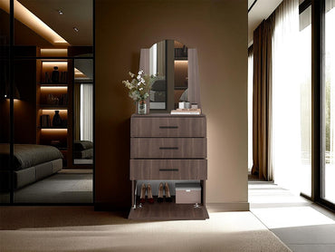 Comoda Con Espejo Tres Cajones Una Puerta, Café Oscuro