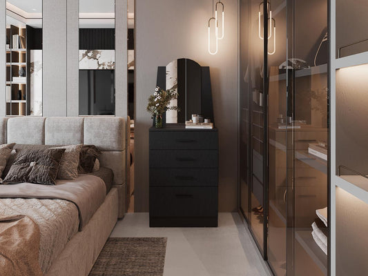 Comoda Con Espejo Tres Cajones Una Puerta, Negro