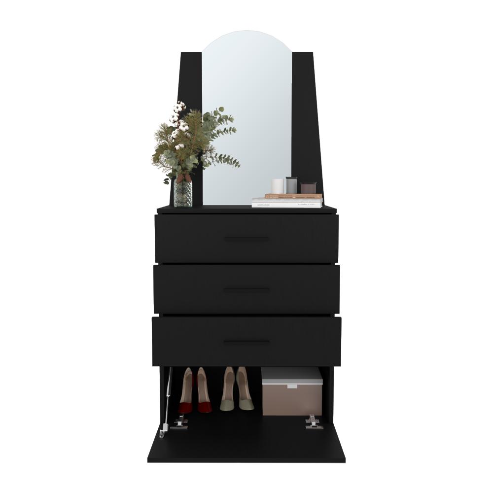 Comoda Con Espejo Tres Cajones Una Puerta, Negro