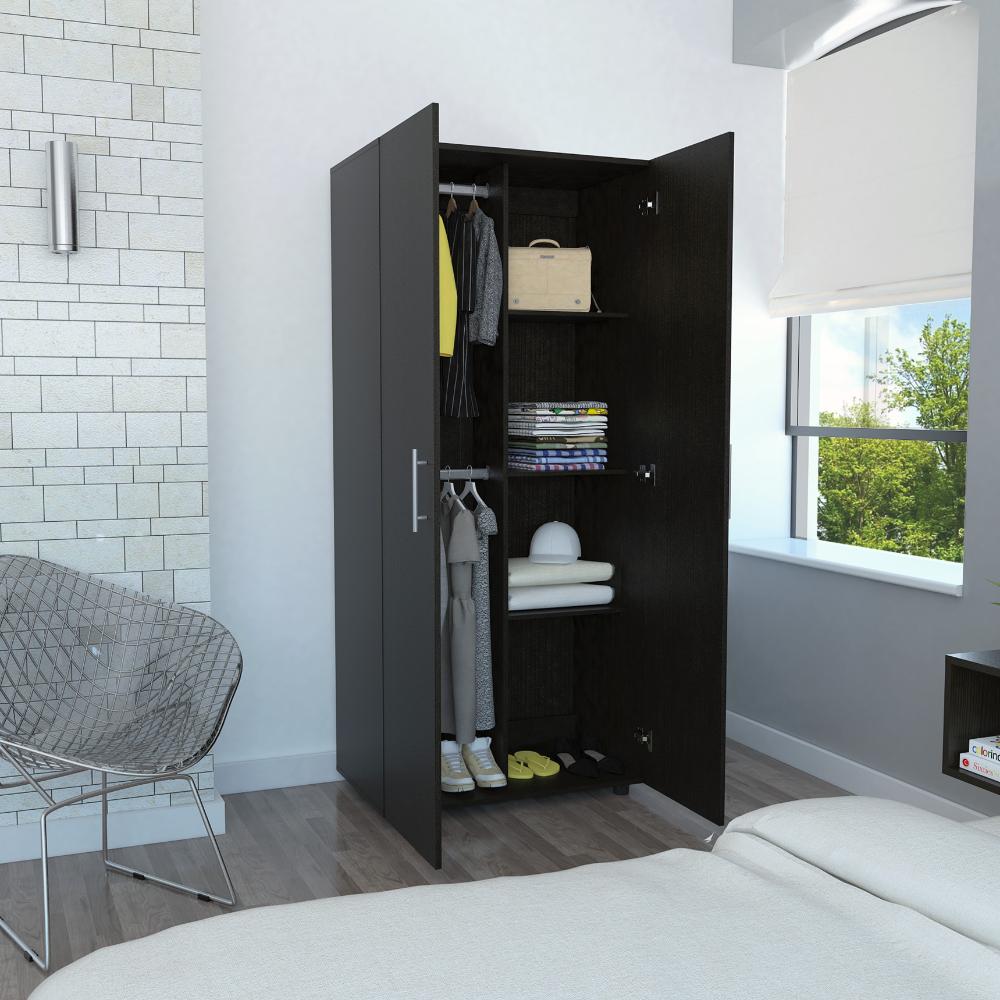Closet Tera, Wengue y Negro, Dos Puertas Abatibles y Dos Tubos Cromados
