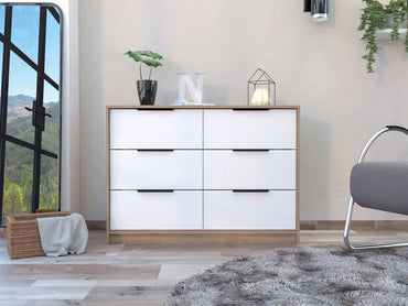 Comoda Cuatro Cajones Dos Puertas Abatibles, FM Furniture 020C, Café Claro Y Blanco