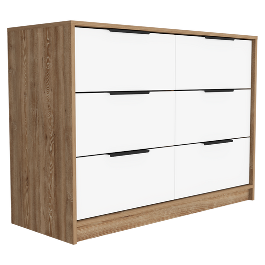 Comoda Cuatro Cajones Dos Puertas Abatibles, FM Furniture 020C, Café Claro Y Blanco