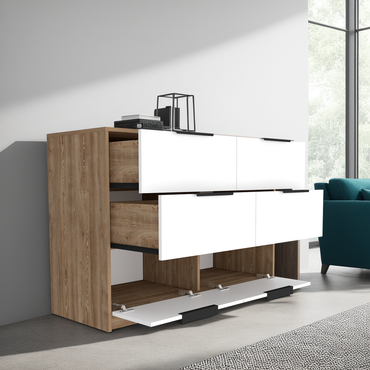 COMODA KASSIO 4 CAJONES 2 PUERTAS ABATIBLES - CAFÉ CLARO / BLANCO