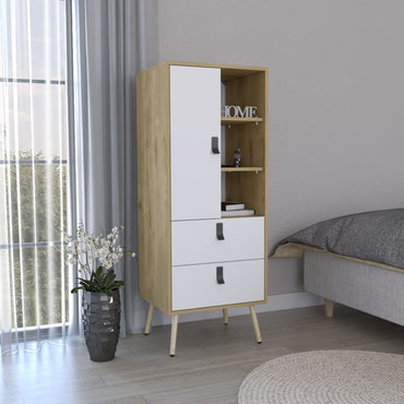 Cómoda Alta Huna, Macadamia y Blanco, con una puerta y dos cajones.